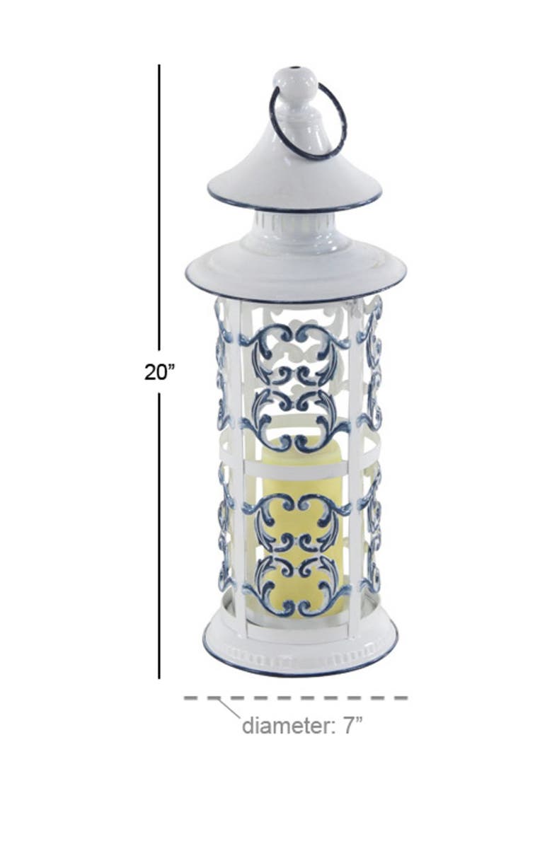 SONOMA SAGE HOME Large Cylindrical French Country Blue & White Metal Lantern w/ Finial and Ring - 7" x 20", Alternate, color, 