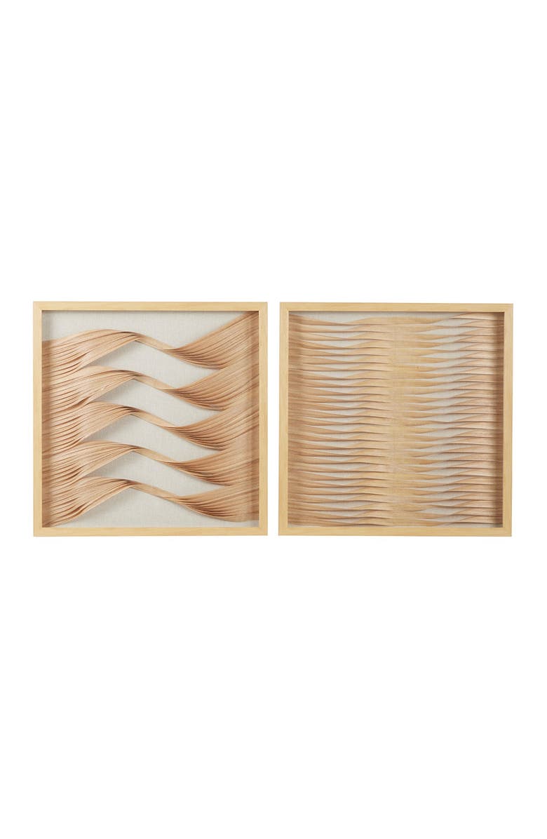GINGER BIRCH STUDIO Brown Wood Handmade Abstract Shadow Box with Rattan Weaving - Set of 2, Main, color, Brown
