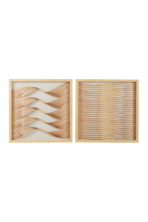 Brown Wood Handmade Abstract Shadow Box with Rattan Weaving - Set of 2