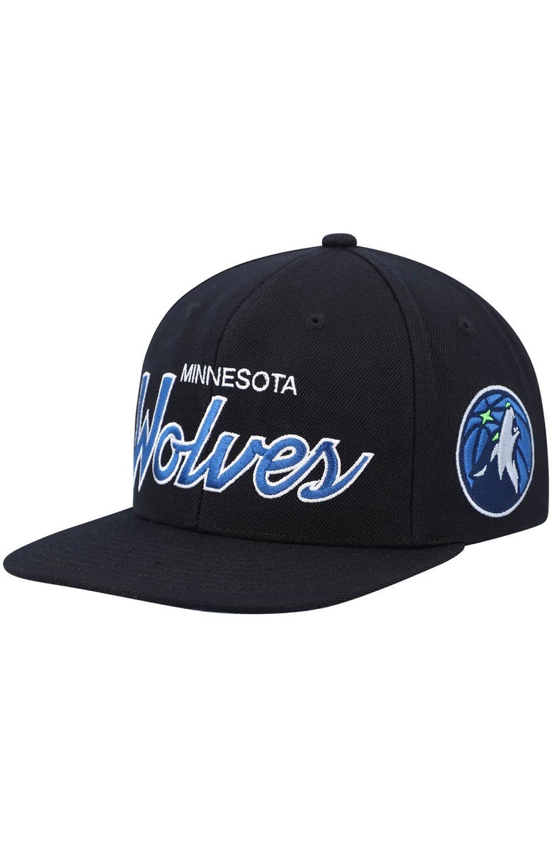 Mitchell & Ness Men's Mitchell & Ness Black Minnesota Timberwolves Hardwood Classics Script 2.0 Snapback Hat, Main, color, 