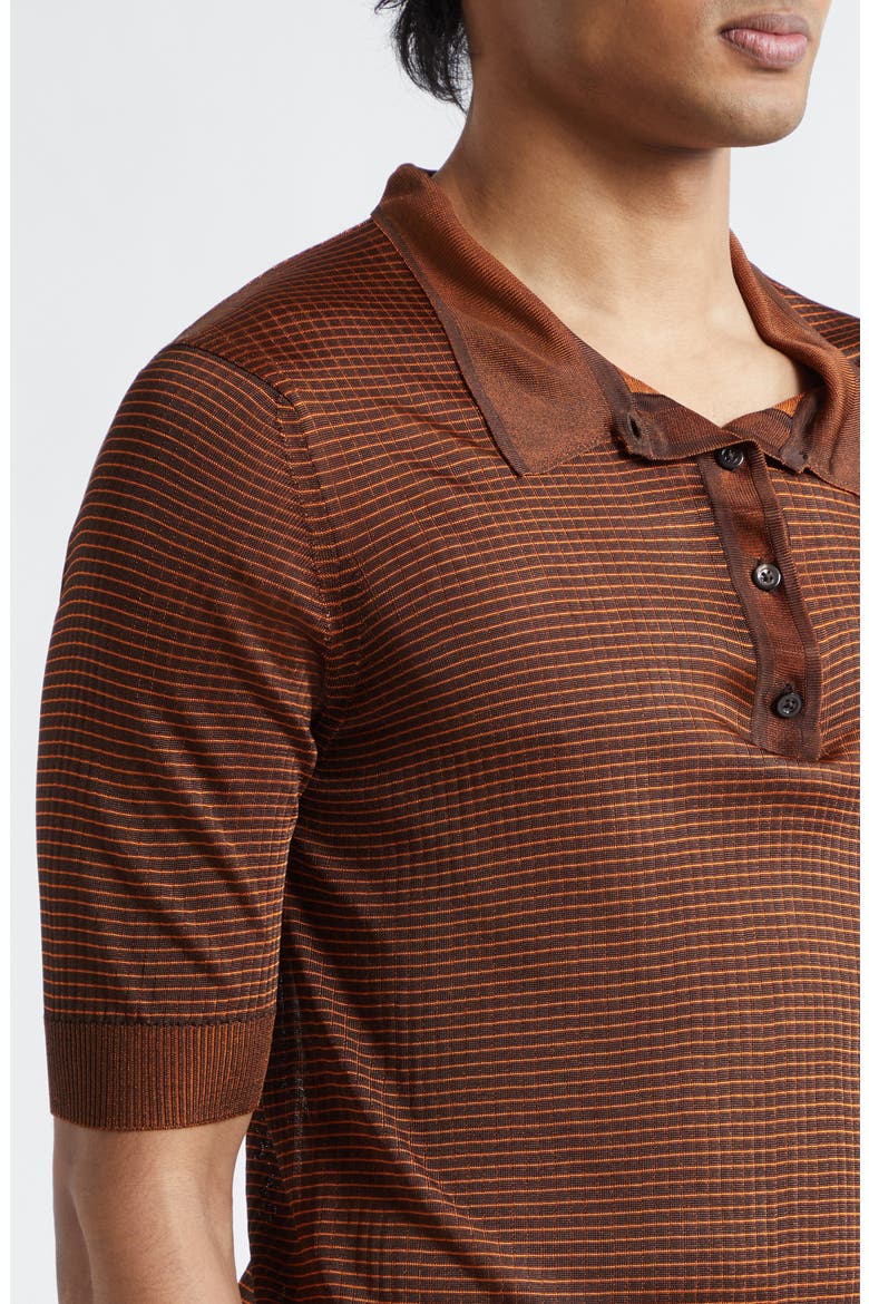 Stripe Plaited Rib Polo Sweater, Alternate, color, DARK BROWN/ ORANGE