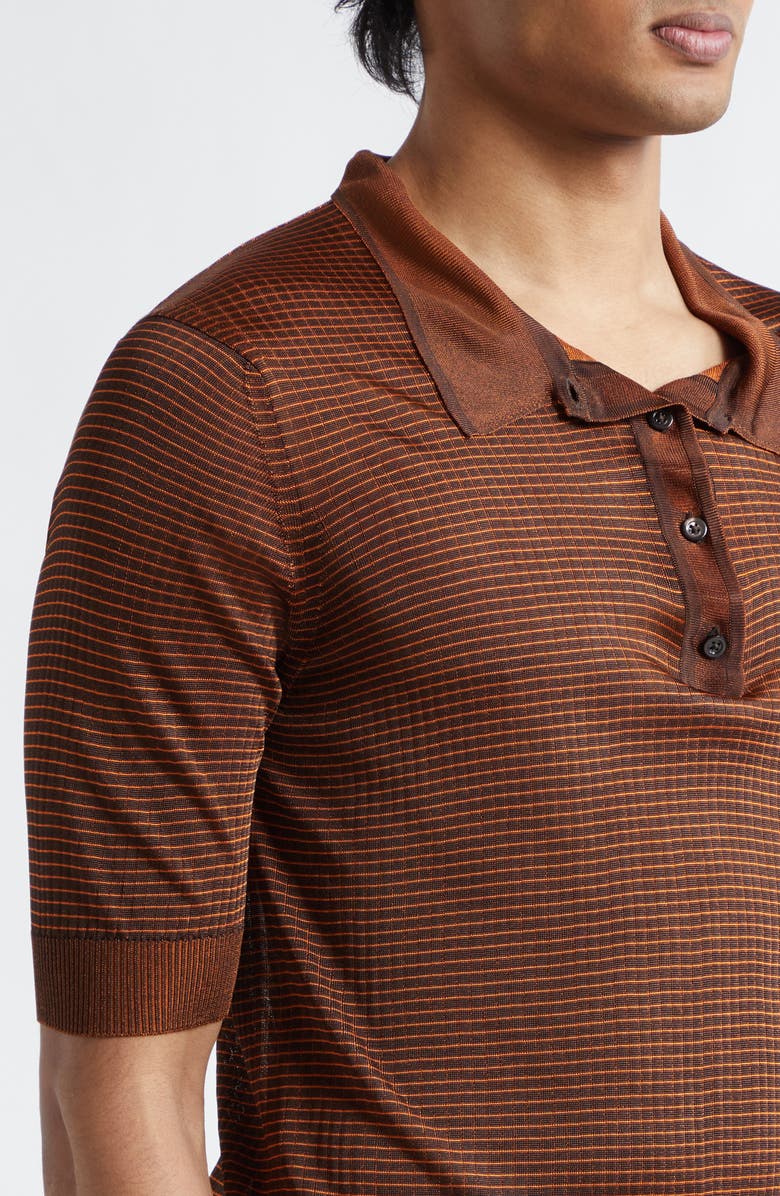 Maison Margiela Stripe Plaited Rib Polo Sweater, Alternate, color, Dark Brown/ Orange