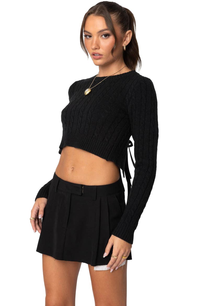 Bow Accent Cable Stitch Crop Sweater, Alternate, color, BLACK