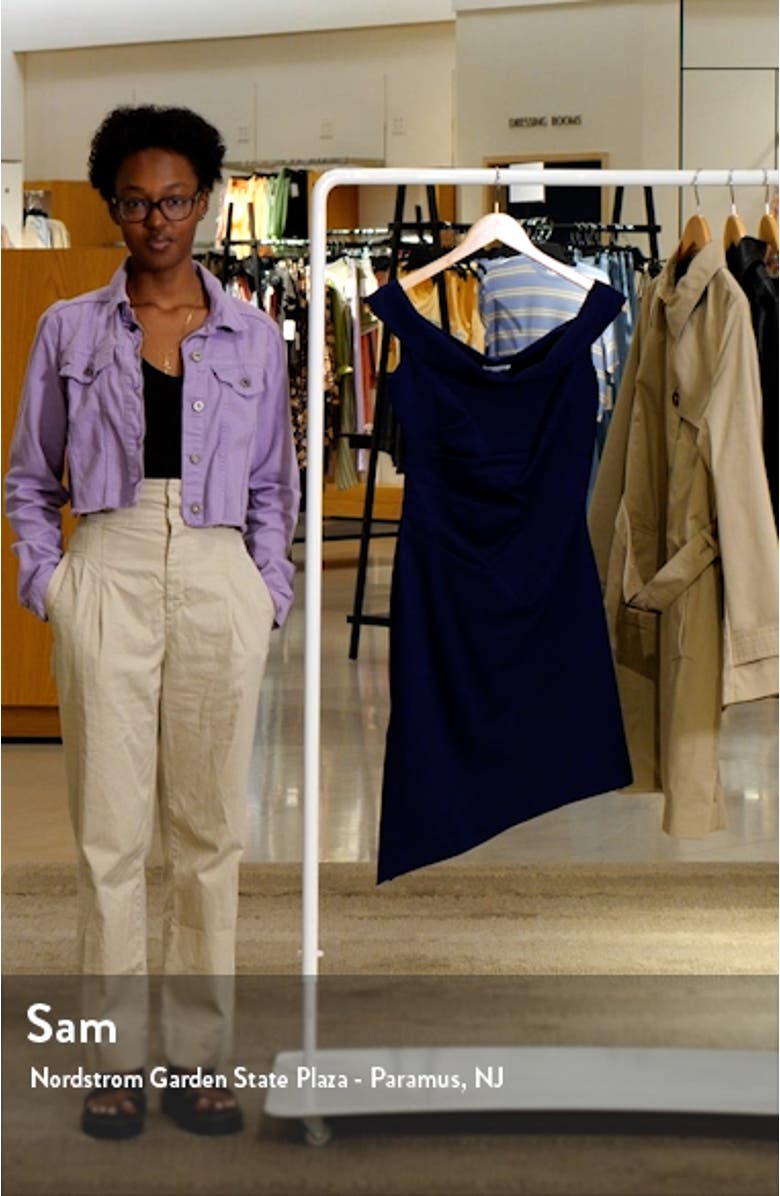 Ally Off the Shoulder Asymmetric Hem Sheath Dress, sales video thumbnail