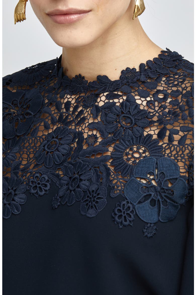 Lace Detail Silk Blouse, Alternate, color, NAVY