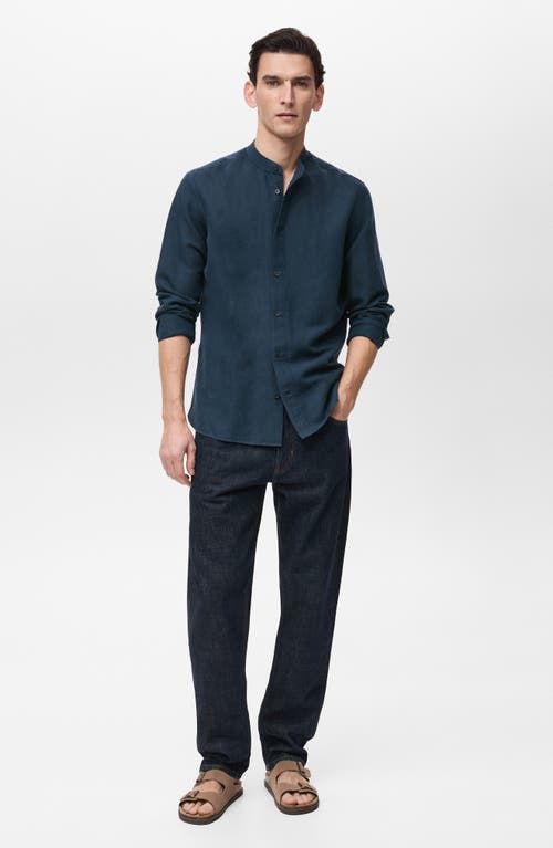 Mango Band Collar Linen Blend Button-up Shirt In Dark Navy