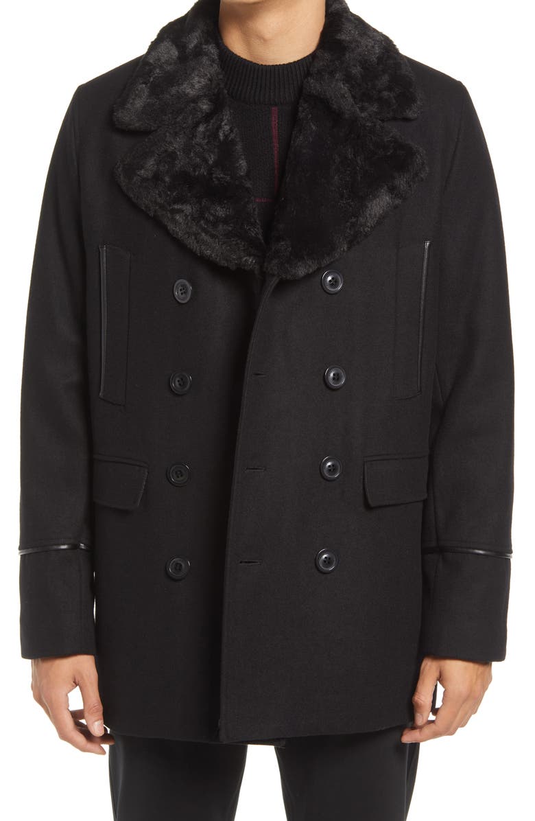KARL LAGERFELD PARIS Wool Blend Peacoat with Faux Fur Collar, Main, color,