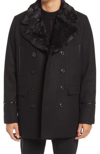 Karl Lagerfeld Paris Wool Blend Peacoat With Faux Fur Collar In Black/black