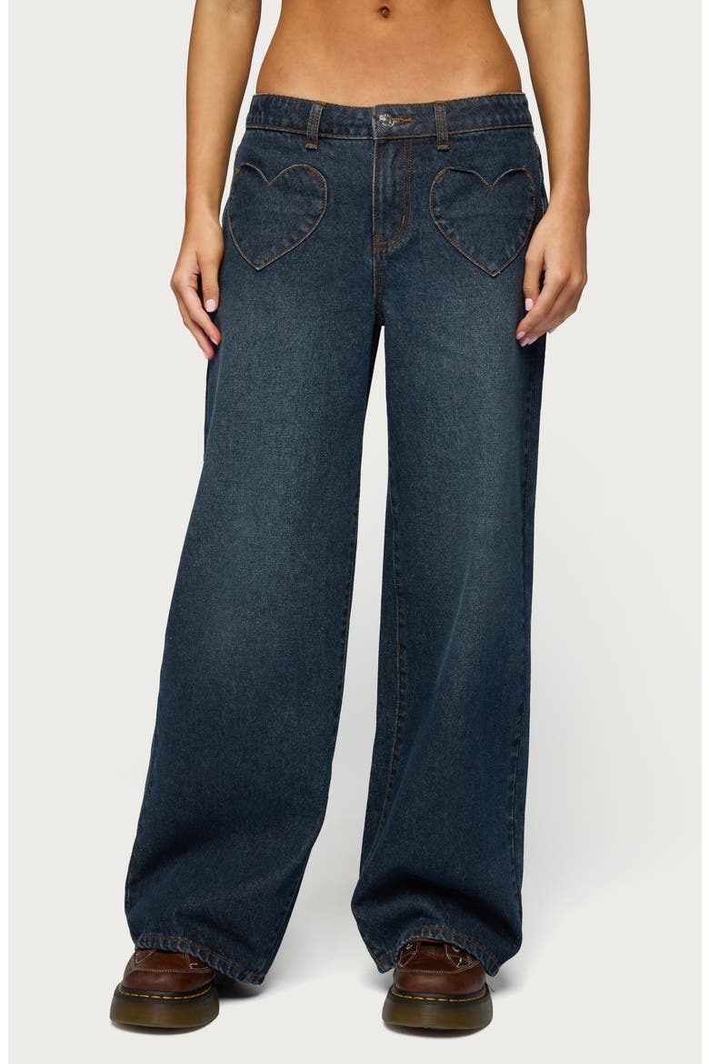Heart Pocket Low Rise Wide Leg Jeans, Main, color, DARK-BLUE