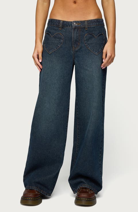 Heart Pocket Low Rise Wide Leg Jeans