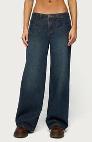 EDIKTED Heart Pocket Low Rise Wide Leg Jeans