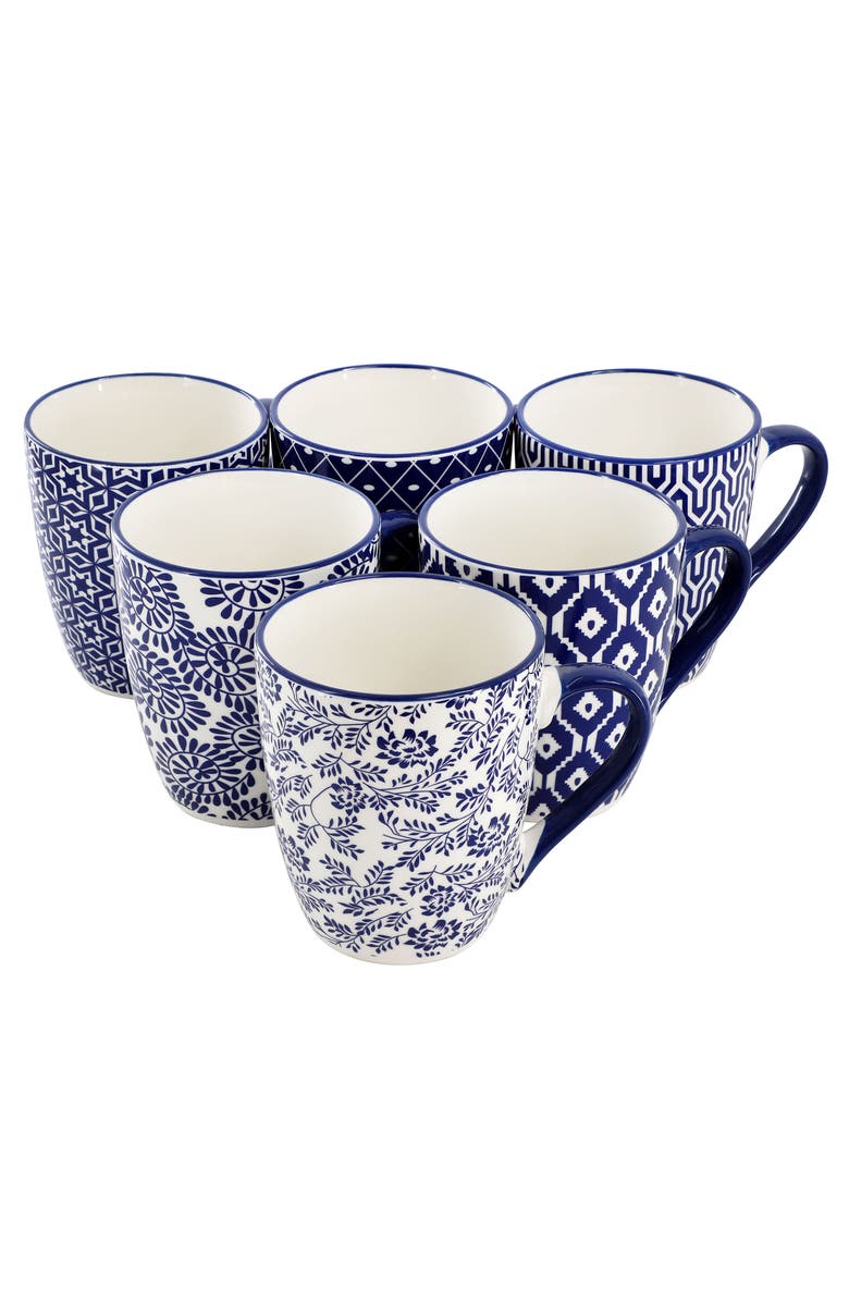 Elama Declan 6 Piece 12 Ounce Assorted Design Stoneware Mug Set, Main, color, Blue