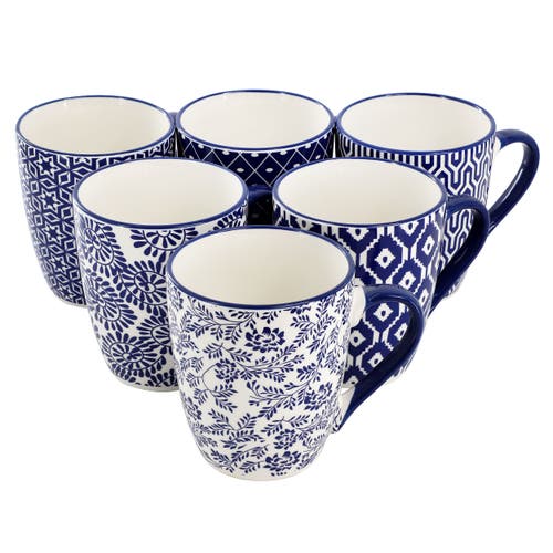 Elama Declan 6 Piece 12 Ounce Assorted Design Stoneware Mug Set In Blue