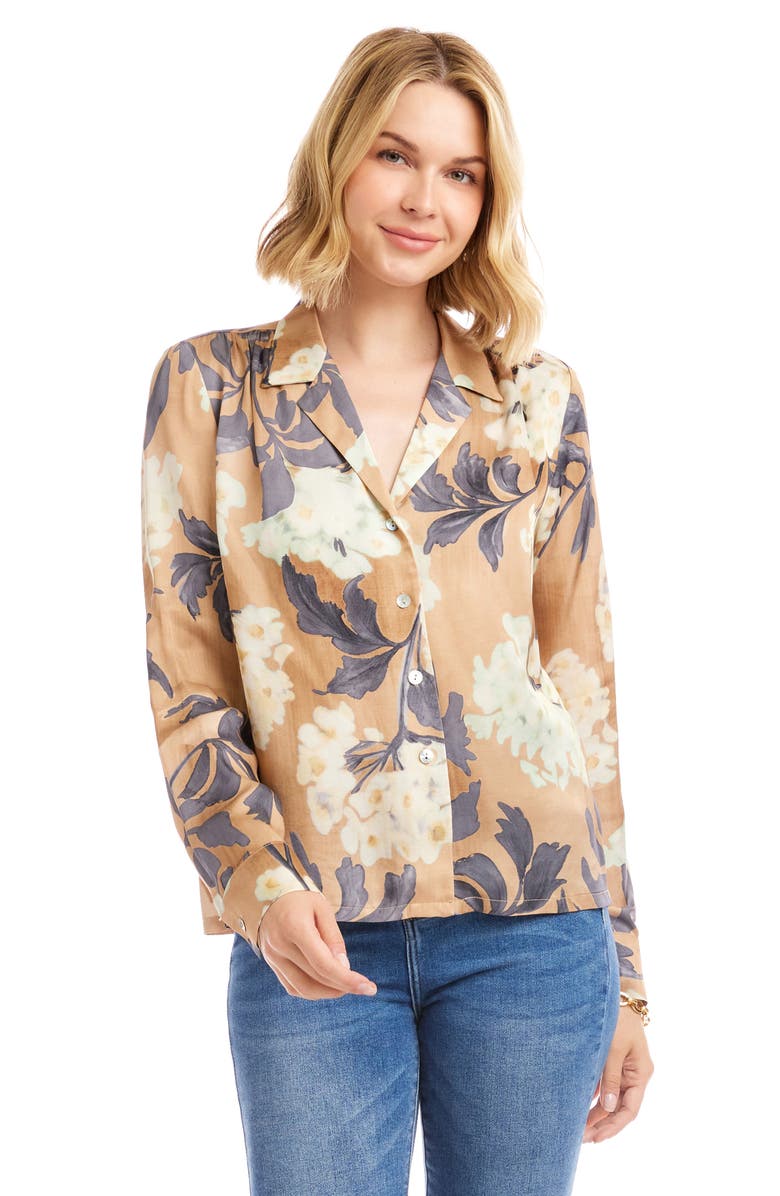 Karen Kane Floral Satin Button-Up Shirt, Alternate, color, Print