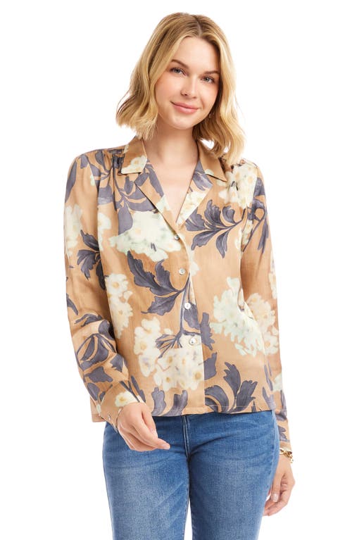 Karen Kane Floral Satin Button-up Shirt In Brown