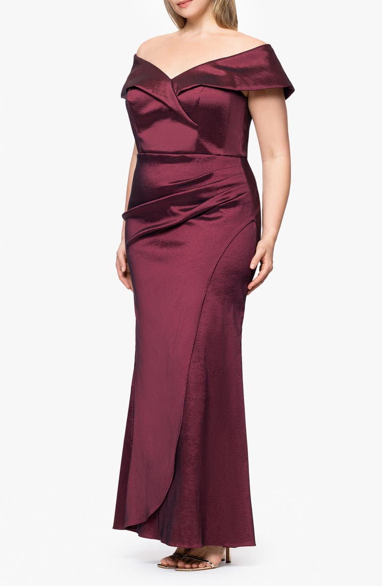 Xscape Evenings Andie Off the Shoulder Ruffle Taffeta Gown, Alternate, color, Wine
