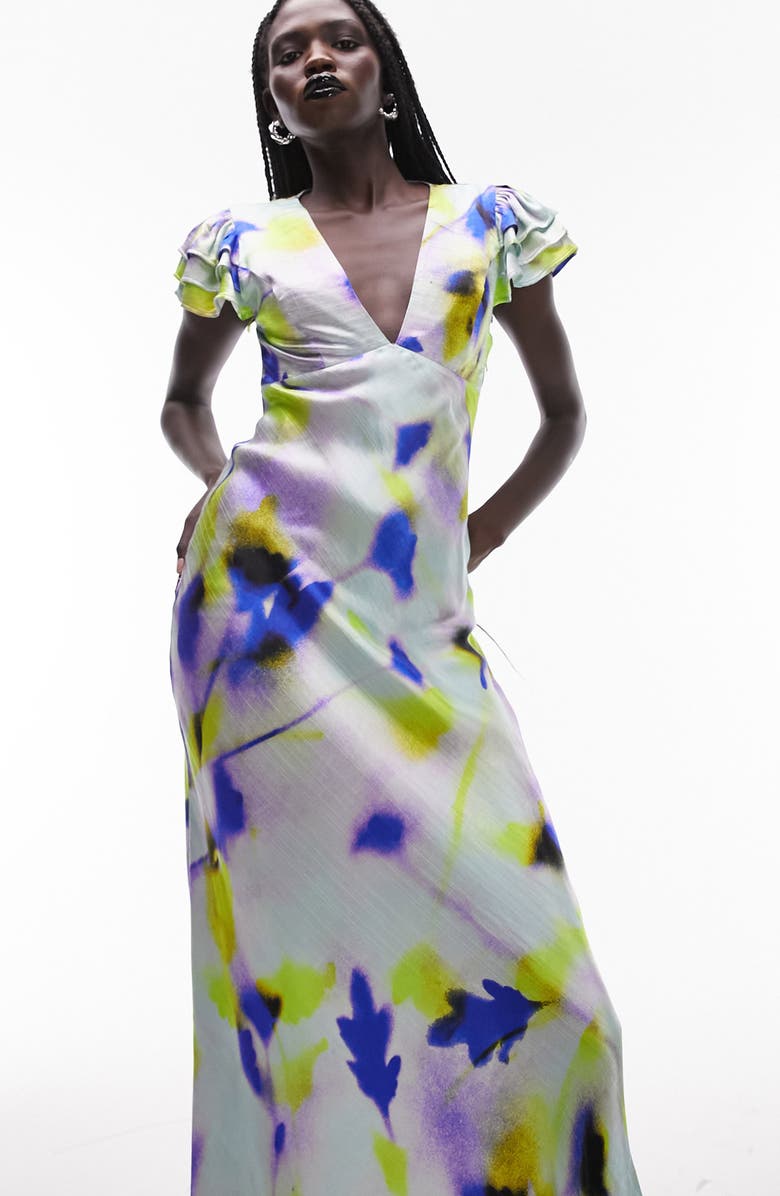 Topshop Print Ruffle Sleeve Maxi Dress, Alternate, color, 