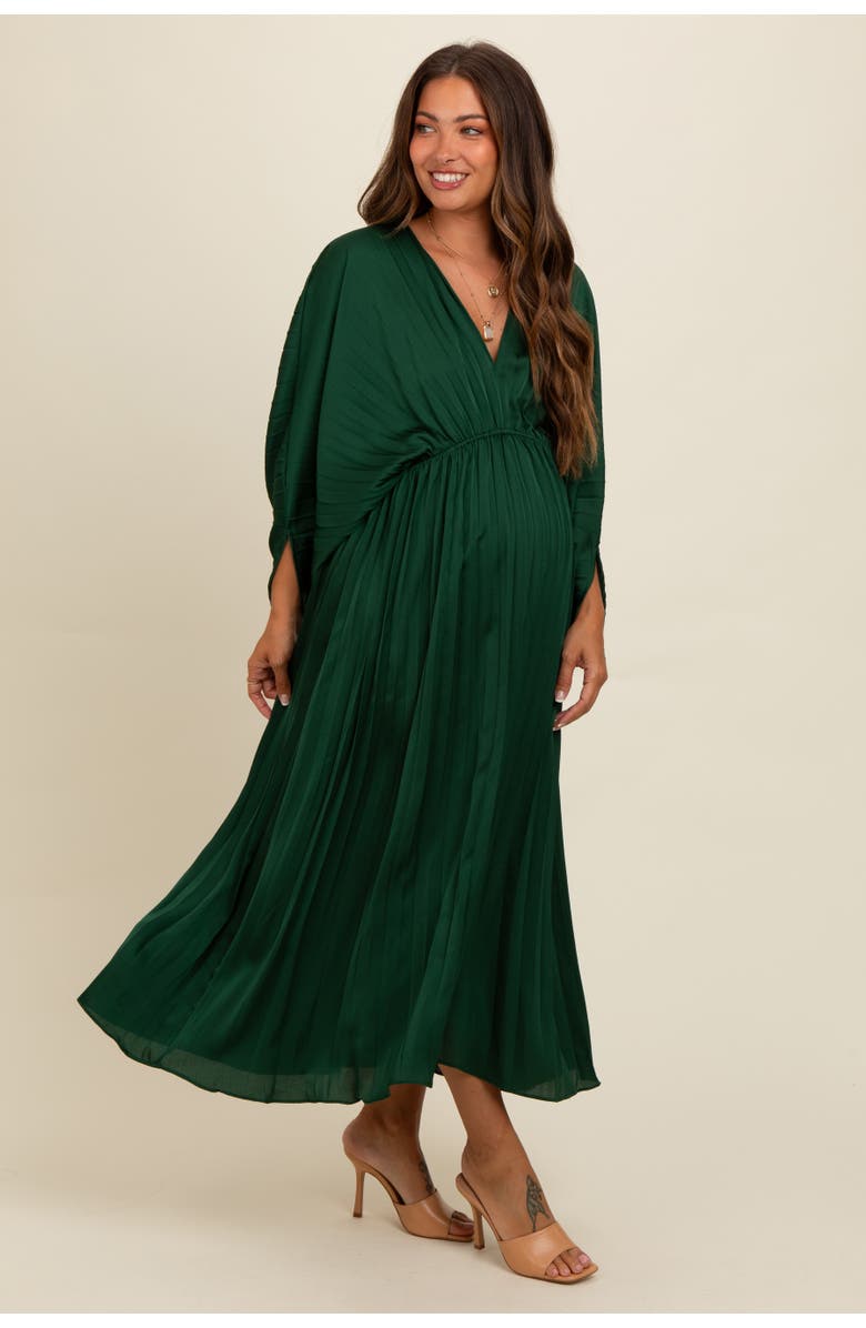 PinkBlush Satin Pleated V-Neck Maxi Dress, Alternate, color, Forest Green