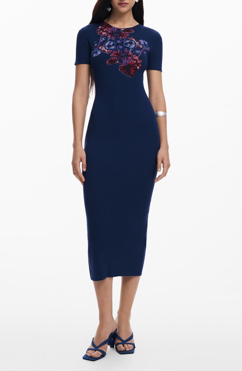 Desigual Floral Print Rib Midi Dress, Main, color, Navy Blue