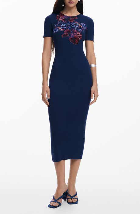 Desigual Floral Print Rib Midi Dress