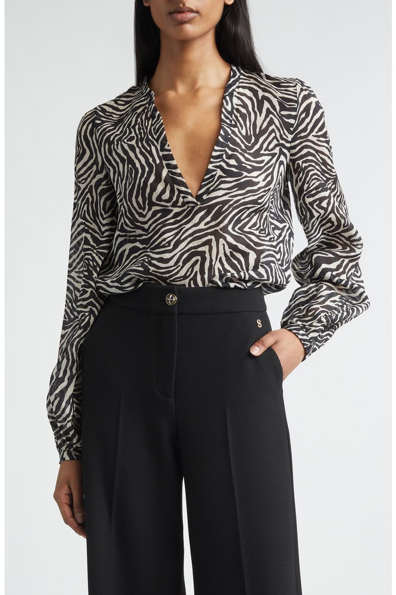 Kathleen Zebra Print Voile V-Neck Tunic, Main, color, BLACK/ LINEN
