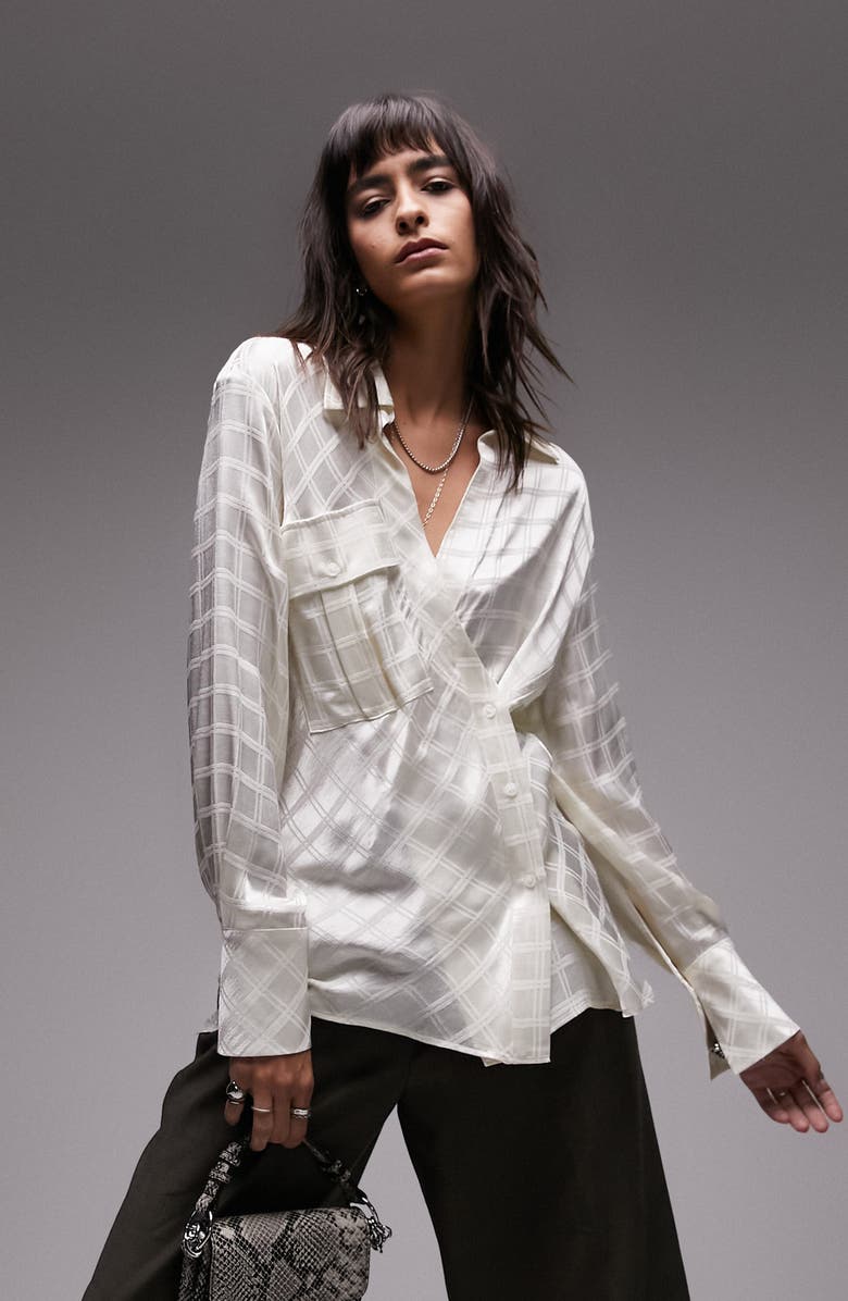 Topshop Self Check Satin Asymmetric Button-Up Shirt, Main, color, Ivory