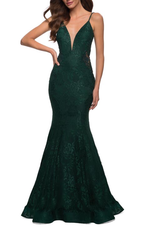 Long Mermaid Lace Dress with Back Rhinestone Detail