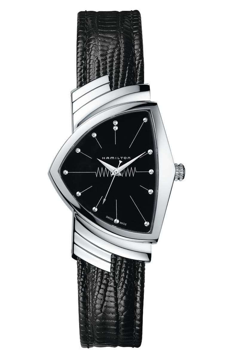 Hamilton Ventura Leather Strap Watch, 32mm x 36mm, Main, color, Black/Silver