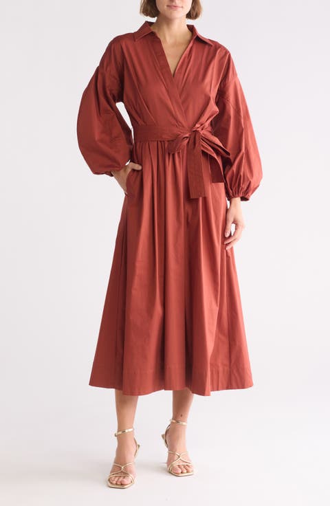 Long Sleeve Stretch Cotton Poplin Dress