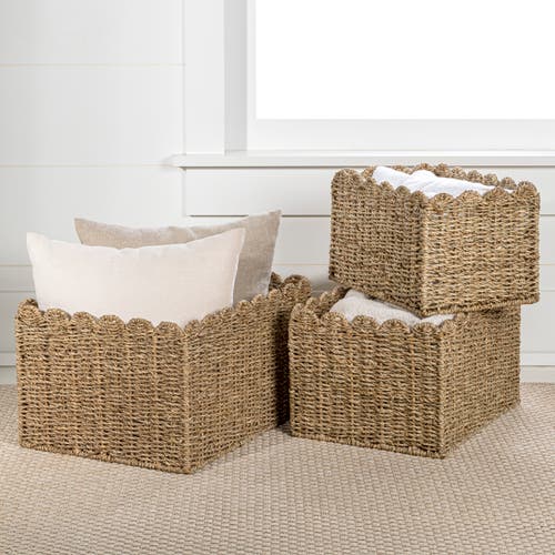 Happimess Arden Coastal Cottage Seagrass Scalloped Rectangular Organizing Storage Baskets (set Of 3) In Natural