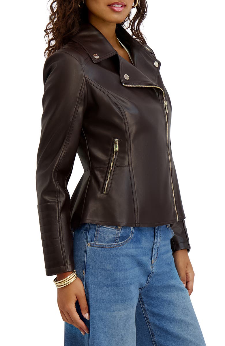 Kensie Peplum Back Faux Lether Moto Jacket, Alternate, color, Chocolate