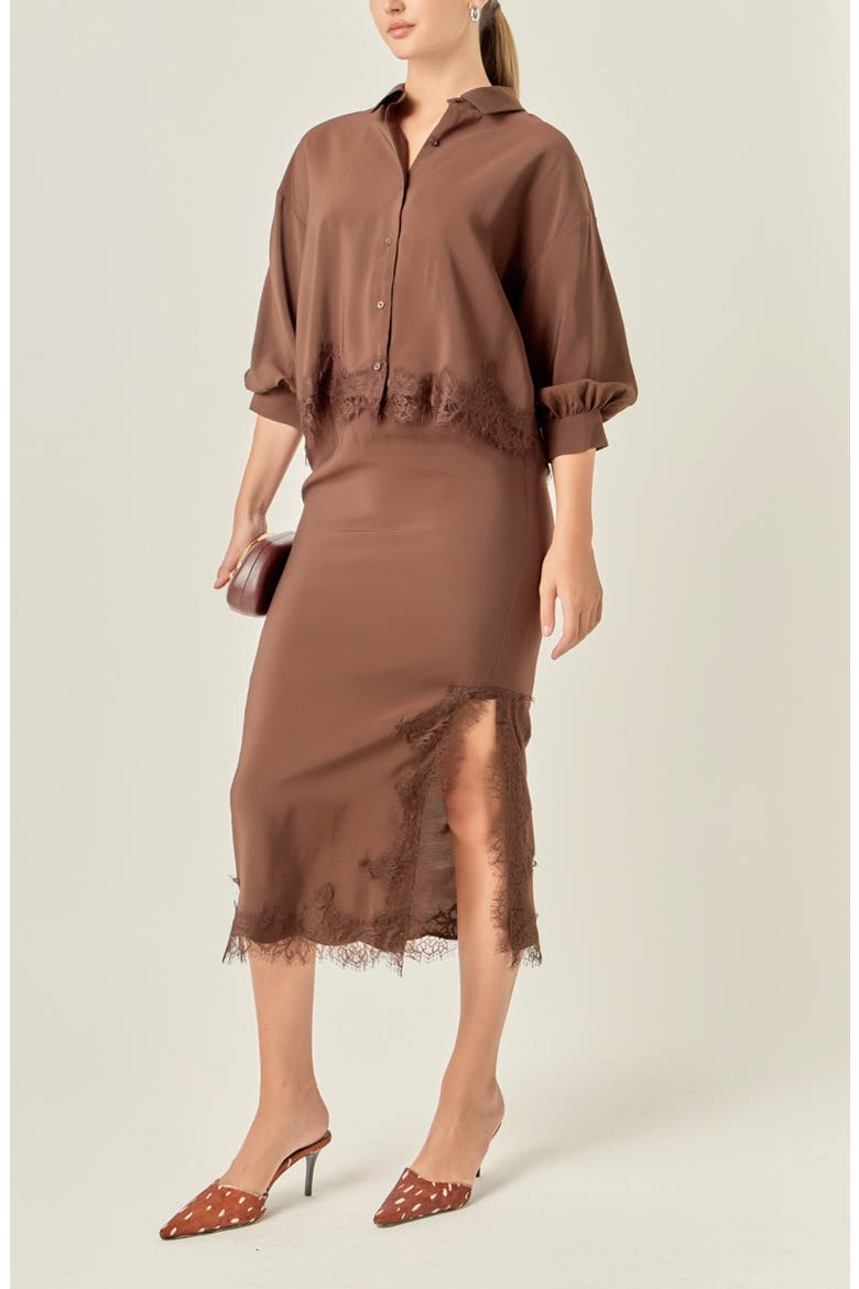 Lace Trim Satin Midi Skirt, Alternate, color, BROWN