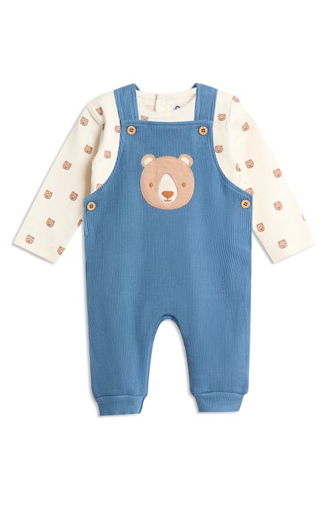 Long Sleeve Bodysuit & Bear Appliqué Waffle Knit Overalls Set (Baby)