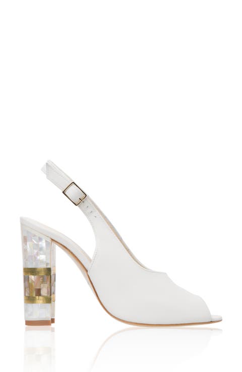 Zara White Slingback Peep Toe Pearl Heel Sandal
