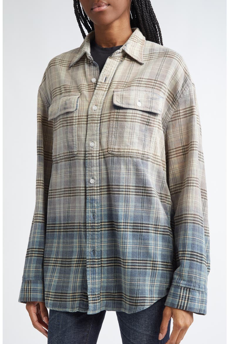 Relaxed Plaid Cotton Flannel Button-Up Shirt, Alternate, color, GRADIENT BLEACHED BLUE PLAID