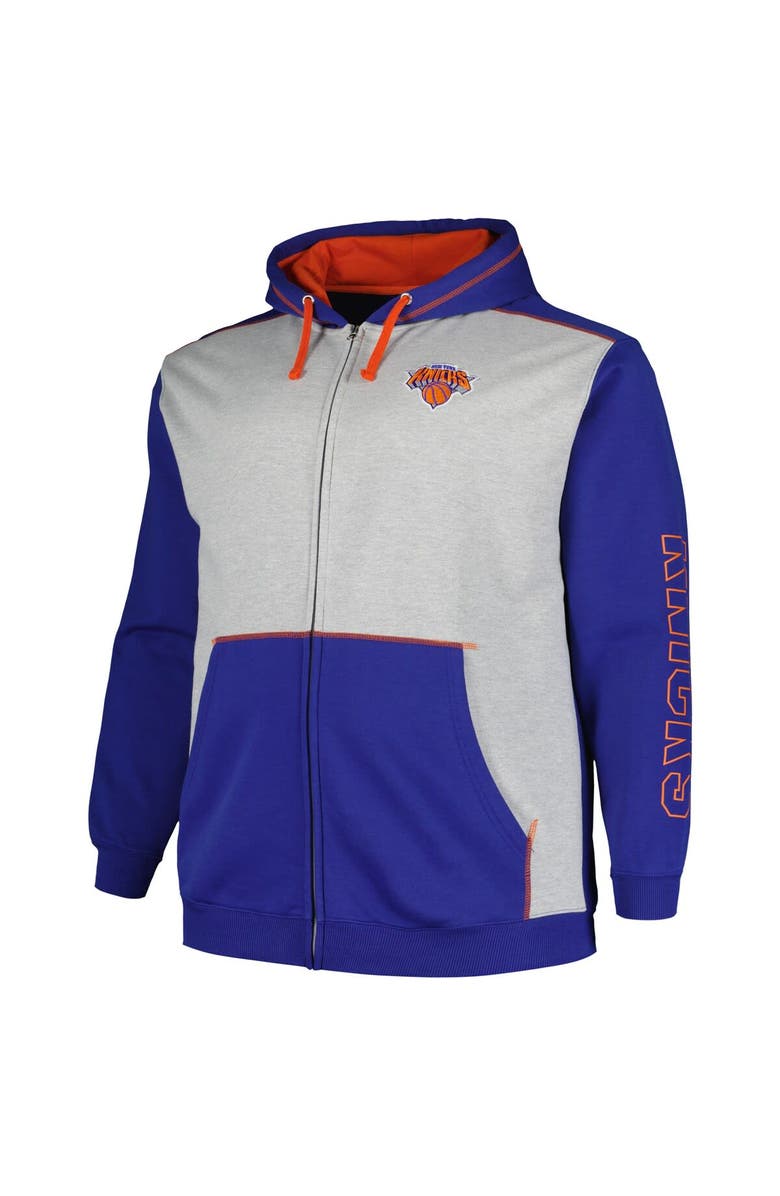 FANATICS Men's Fanatics Branded Blue/Heather Gray New York Knicks Big & Tall Contrast Pieced Stitched Full-Zip Hoodie, Alternate, color, 
