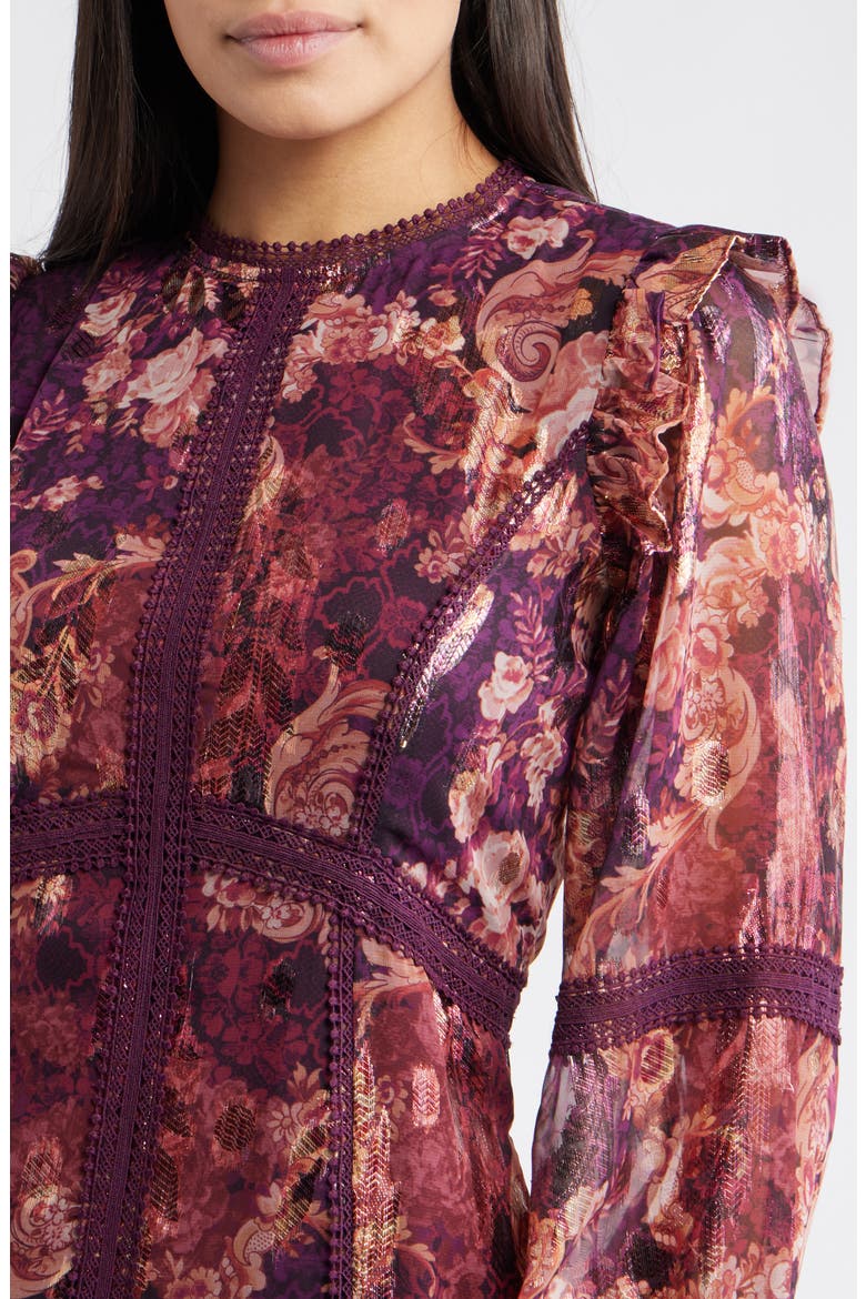 Lace Trim Long Sleeve Trapeze Dress, Alternate, color, WINE MULTI