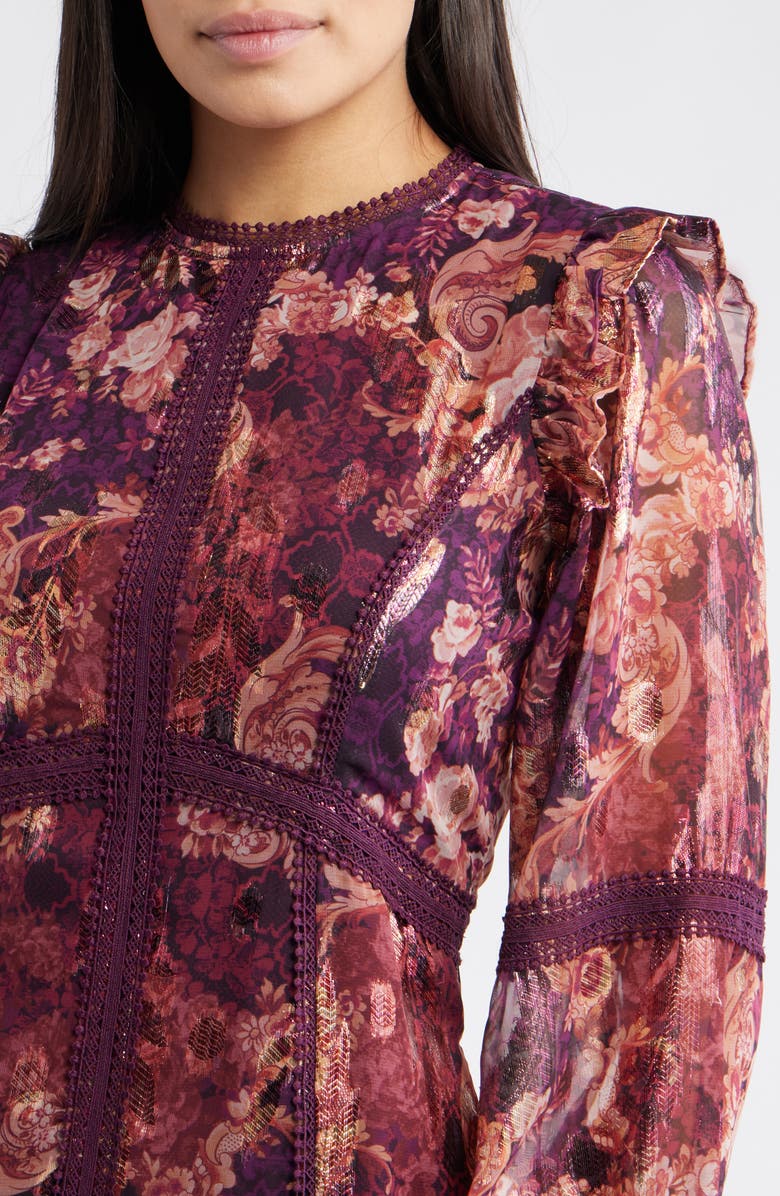 Eliza J Lace Trim Long Sleeve Trapeze Dress, Alternate, color, Wine Multi