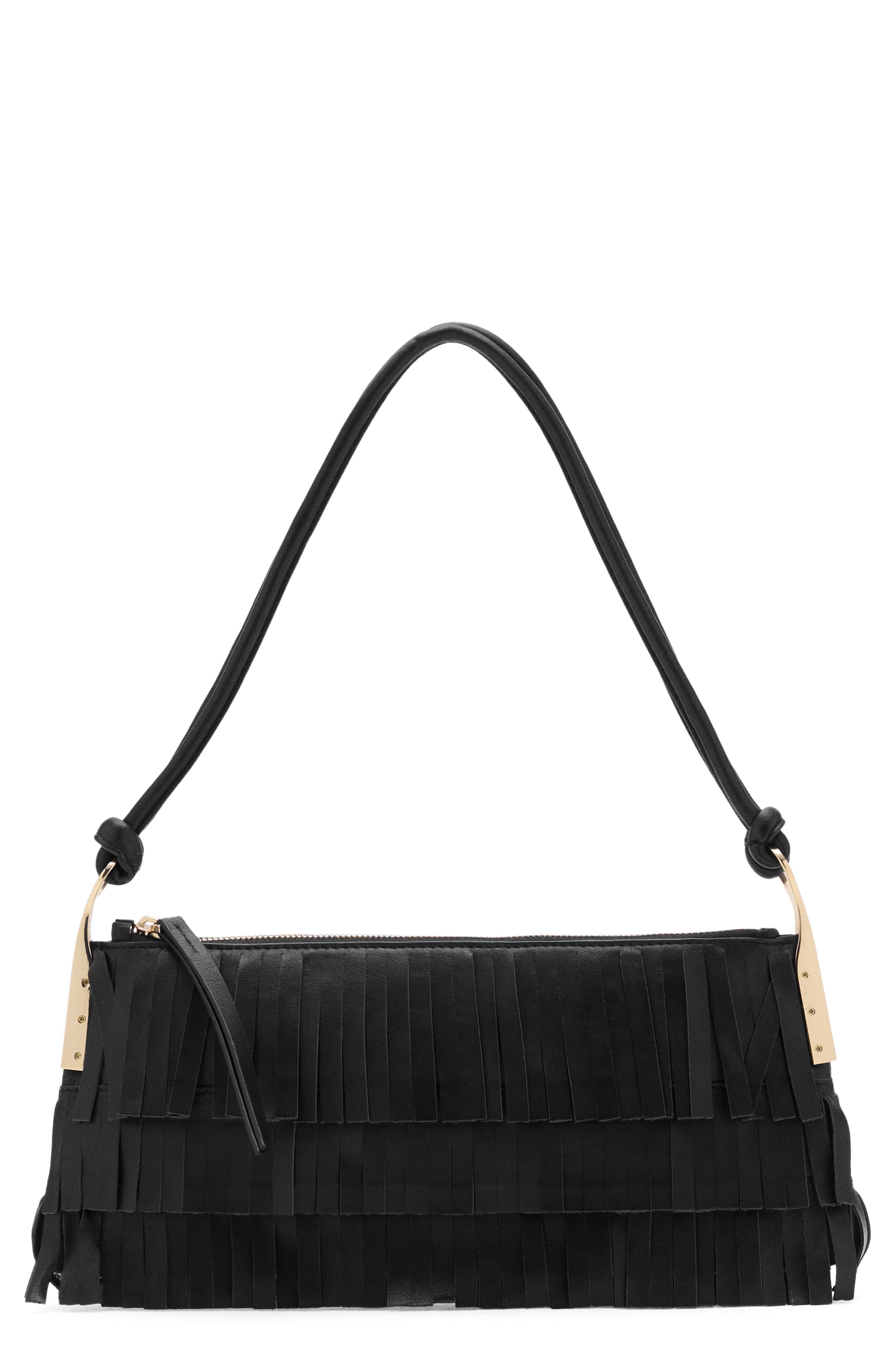 MANGO Fringe Leather Shoulder Bag, Main, color, Black