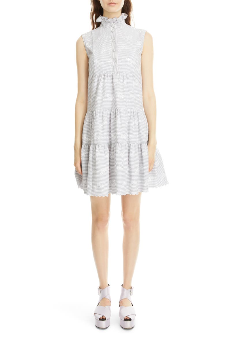 Porto Embroidered Floral Tiered Seersucker Dress, Main, color, BLUE/ WHITE
