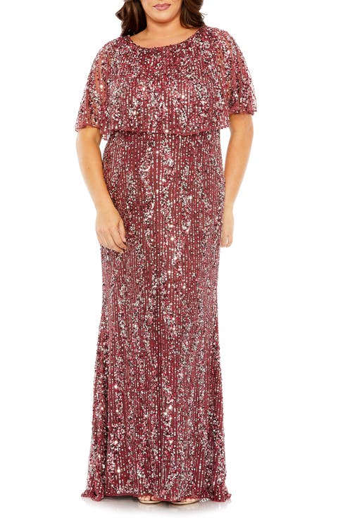 High-Neck Sequin Embellished Dress with Semi-Sheer Cape Sleeves