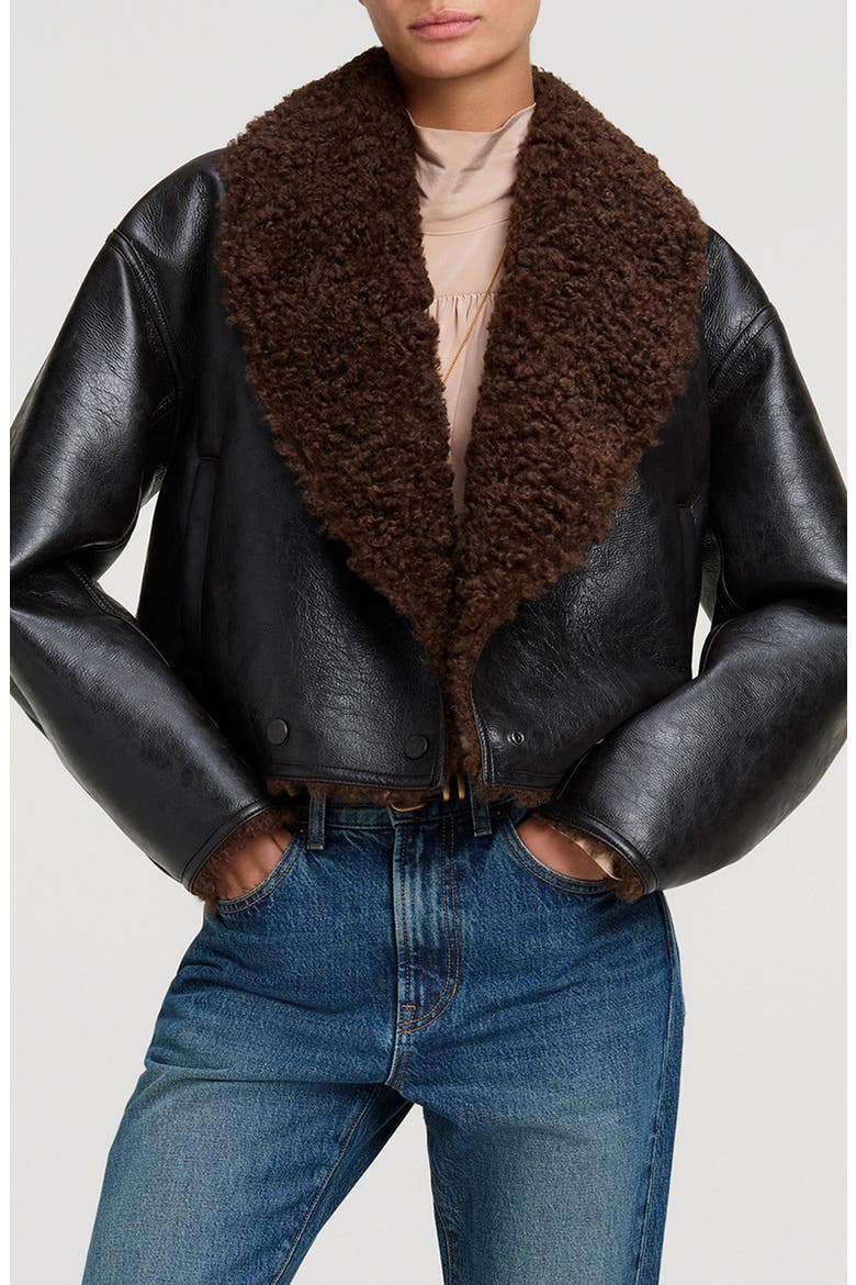 Stella Faux Leather Jacket with Faux Shearling Collar, Main, color, DEEPEST BROWN/ PILOT BROWN