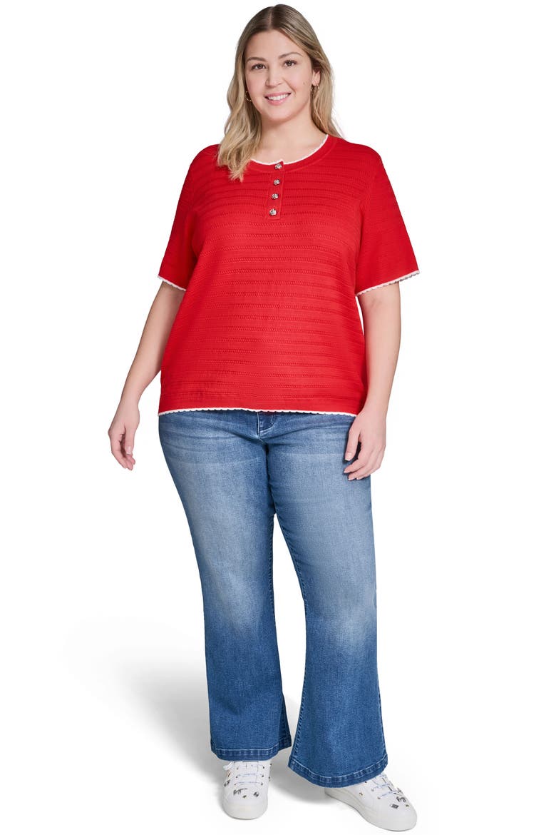 Short Sleeve Cotton Blend Sweater, Alternate, color, APPLE RED/ SOFT WHITE