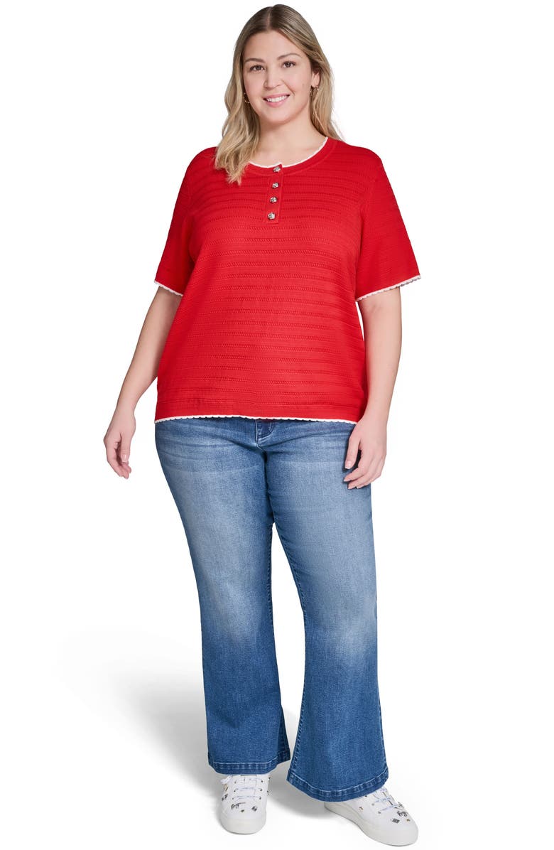 KARL LAGERFELD PARIS Short Sleeve Cotton Blend Sweater, Alternate, color, Apple Red/ Soft White