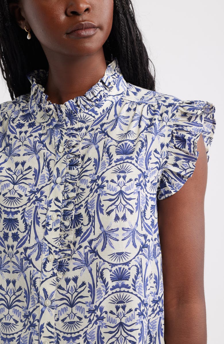Caslon<sup>®</sup> Ruffle Sleeve Cotton Blend Top, Alternate, color, Ivory- Navy Palm Floral