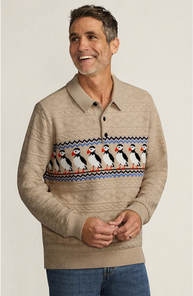 Lands' End Long Sleeve Cozy Cotton Blend Polo, Main, color, Puffins/Soft Driftwood Heather