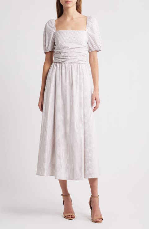 Stripe Ruched Waist Cotton Blend Midi Dress