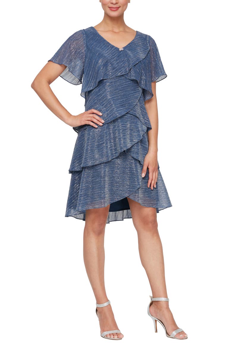 Tiered Shimmer Metallic Flutter Sleeve Dress, Main, color, WED