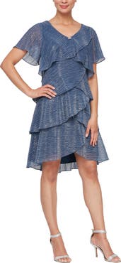 SL FASHIONS Tiered Shimmer Metallic Flutter Sleeve Dress