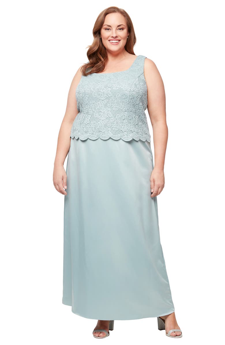Alex Evenings Embroidered Lace Mock Two-Piece Gown with Jacket, Alternate, color, Ice Sage